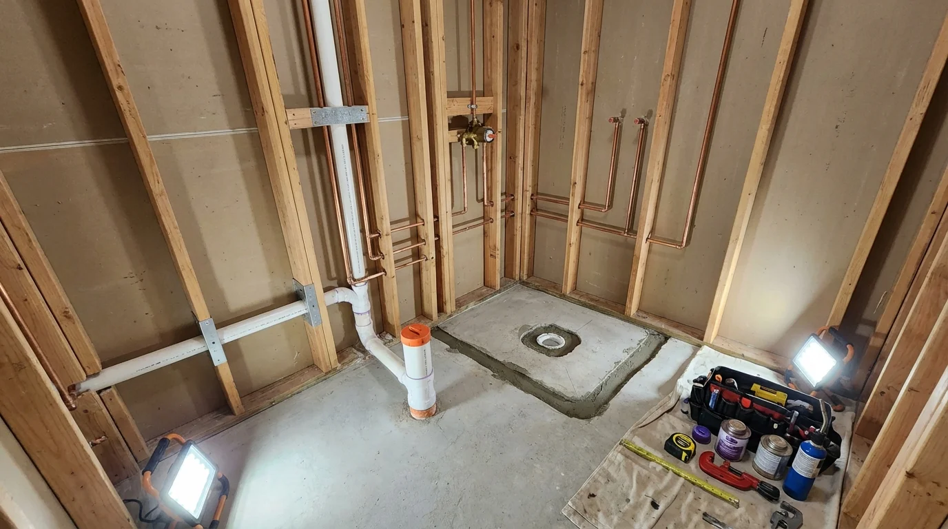 Bathroom rough-in plumbing during remodel by Johns Plumbing LLC in Nice