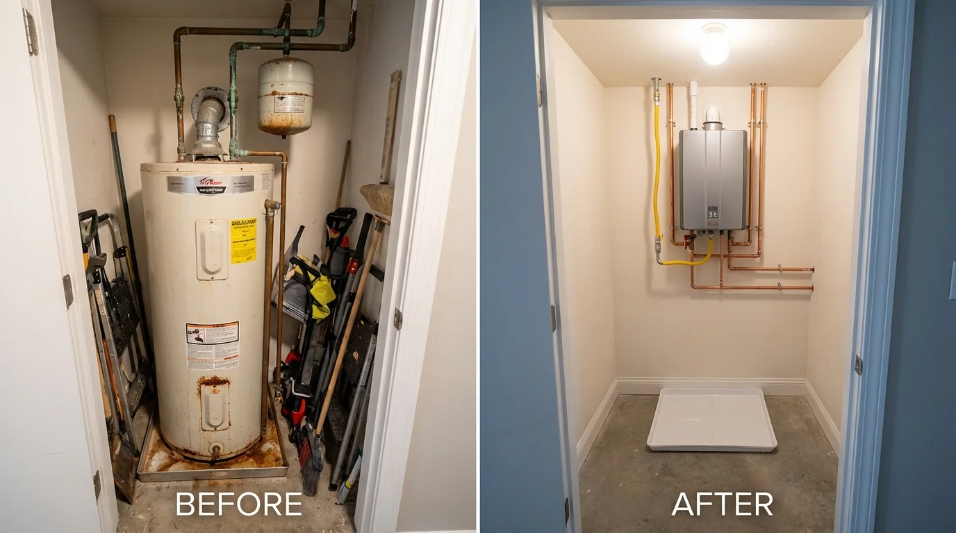 Tank water heater versus wall-mounted tankless unit comparison for Nice, CA homeowners