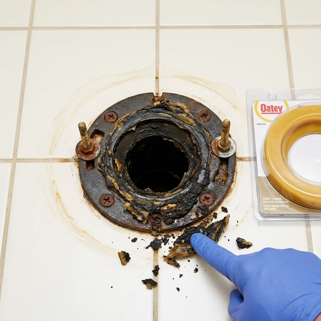 Failed wax ring showing water seepage at the base of a toilet in a Nice, CA home