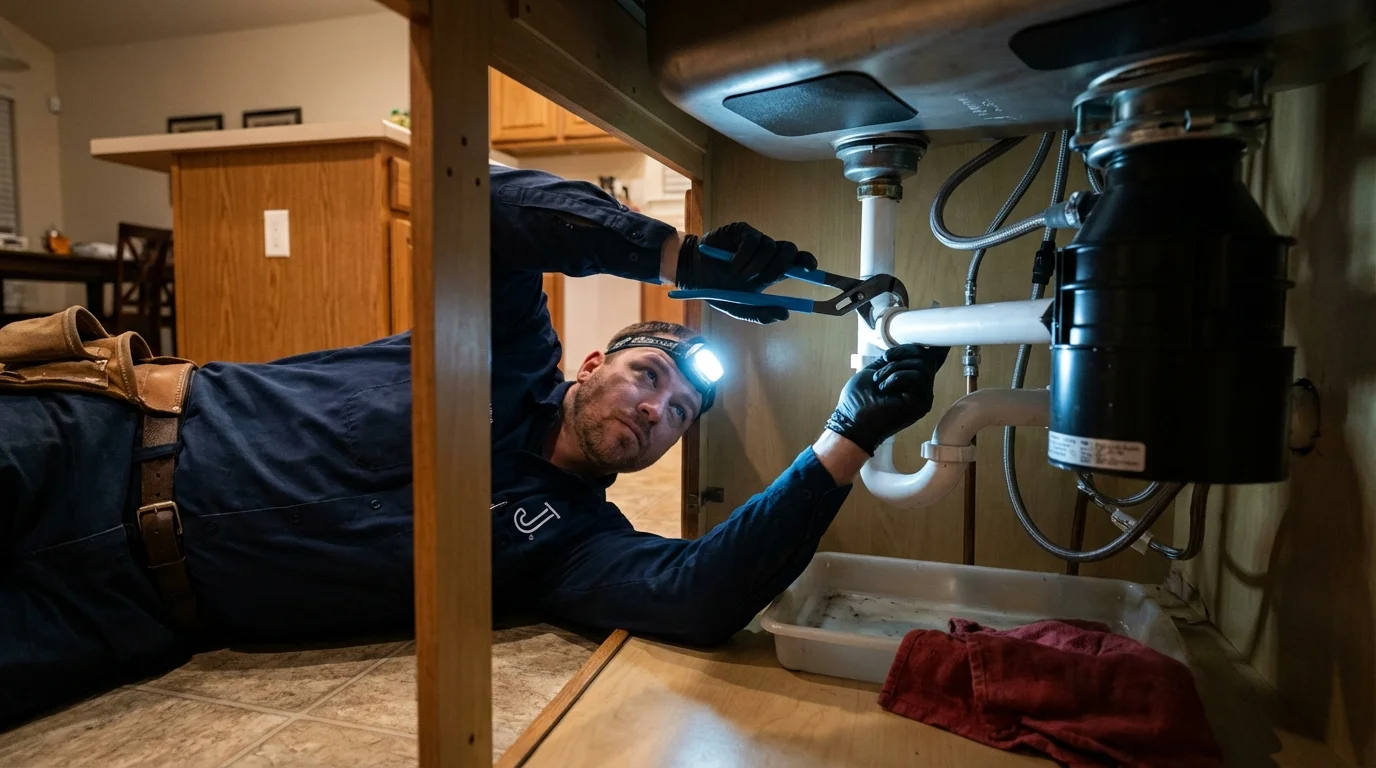 P-trap and supply line connections under a kitchen sink showing a common leak point in Nice, CA
